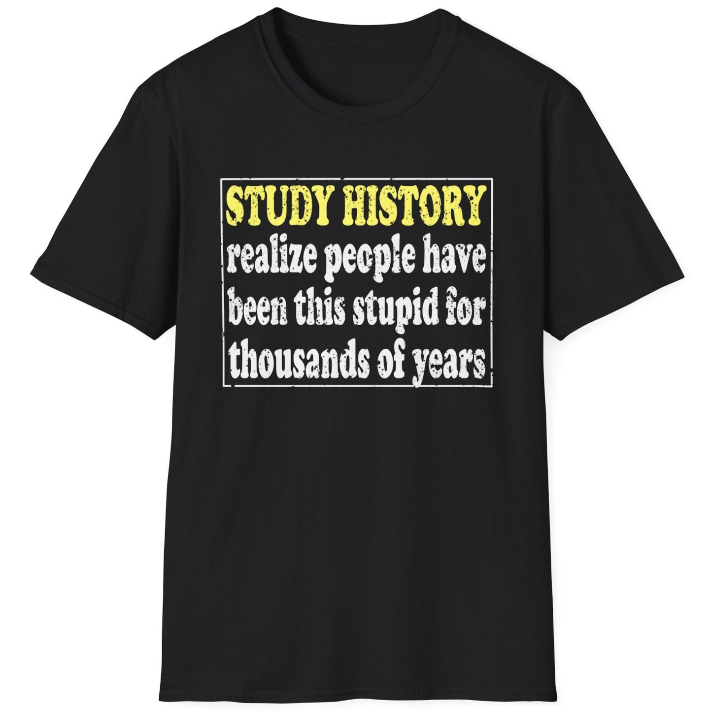 Black T-Shirt with the text "Study History, realize people have been this stupid for thusands of years" with white text.