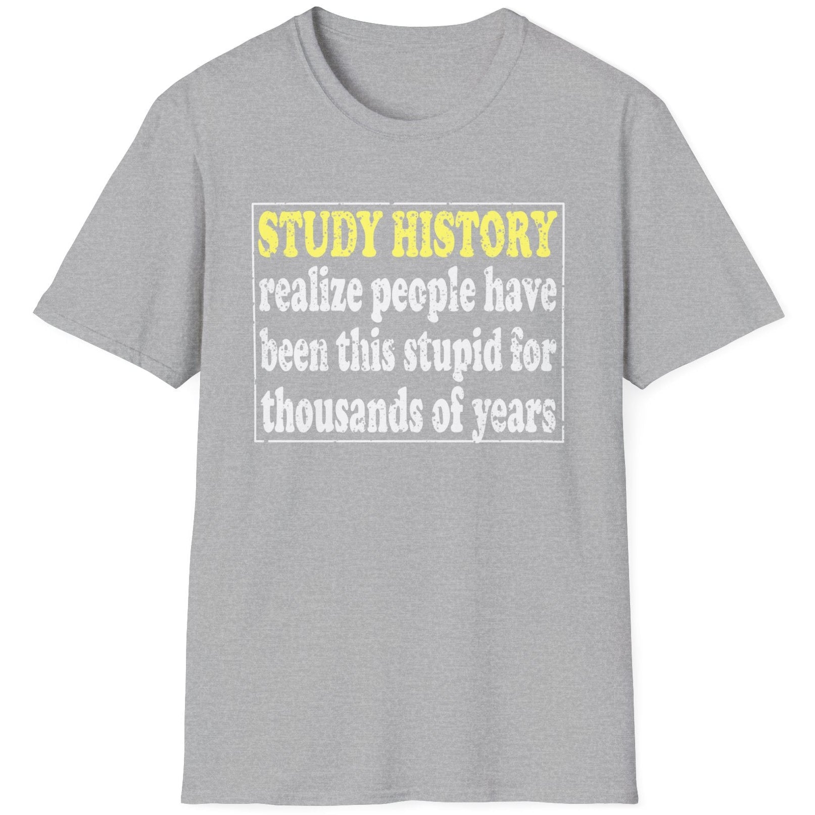 Grey T-Shirt with the text "Study History, realize people have been this stupid for thusands of years" with white text.