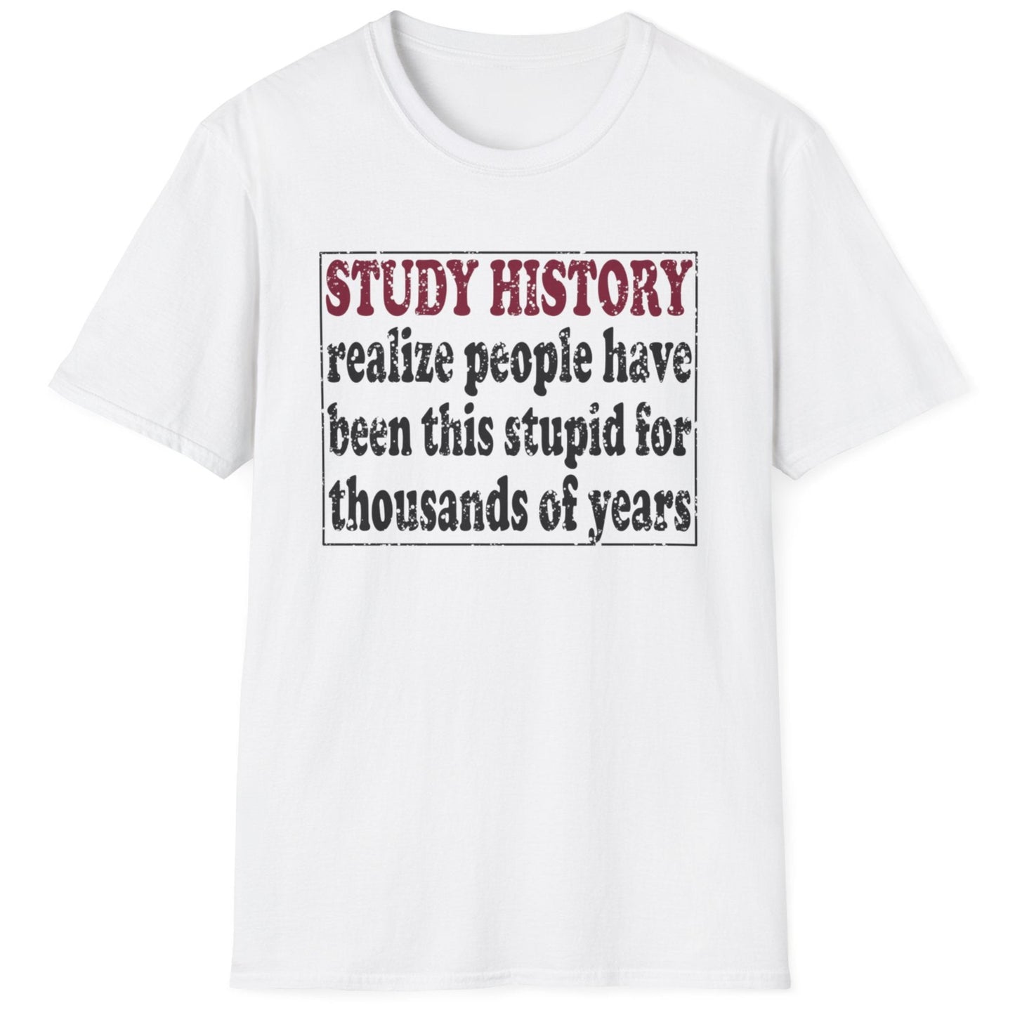 White T-Shirt with the text "Study History, realize people have been this stupid for thusands of years" with black text.