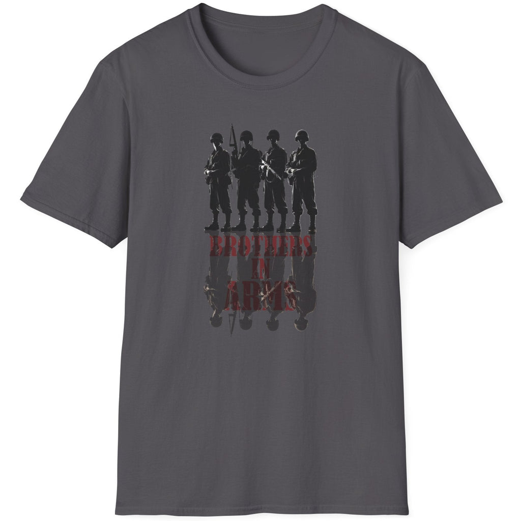 Charcoal T-Shirt with the text "Brothers in Arms". Image of 4 soldiers standing shoulder to shoulder and their shadow.