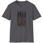 Charcoal T-Shirt with the text "Brothers in Arms". Image of 4 soldiers standing shoulder to shoulder and their shadow.