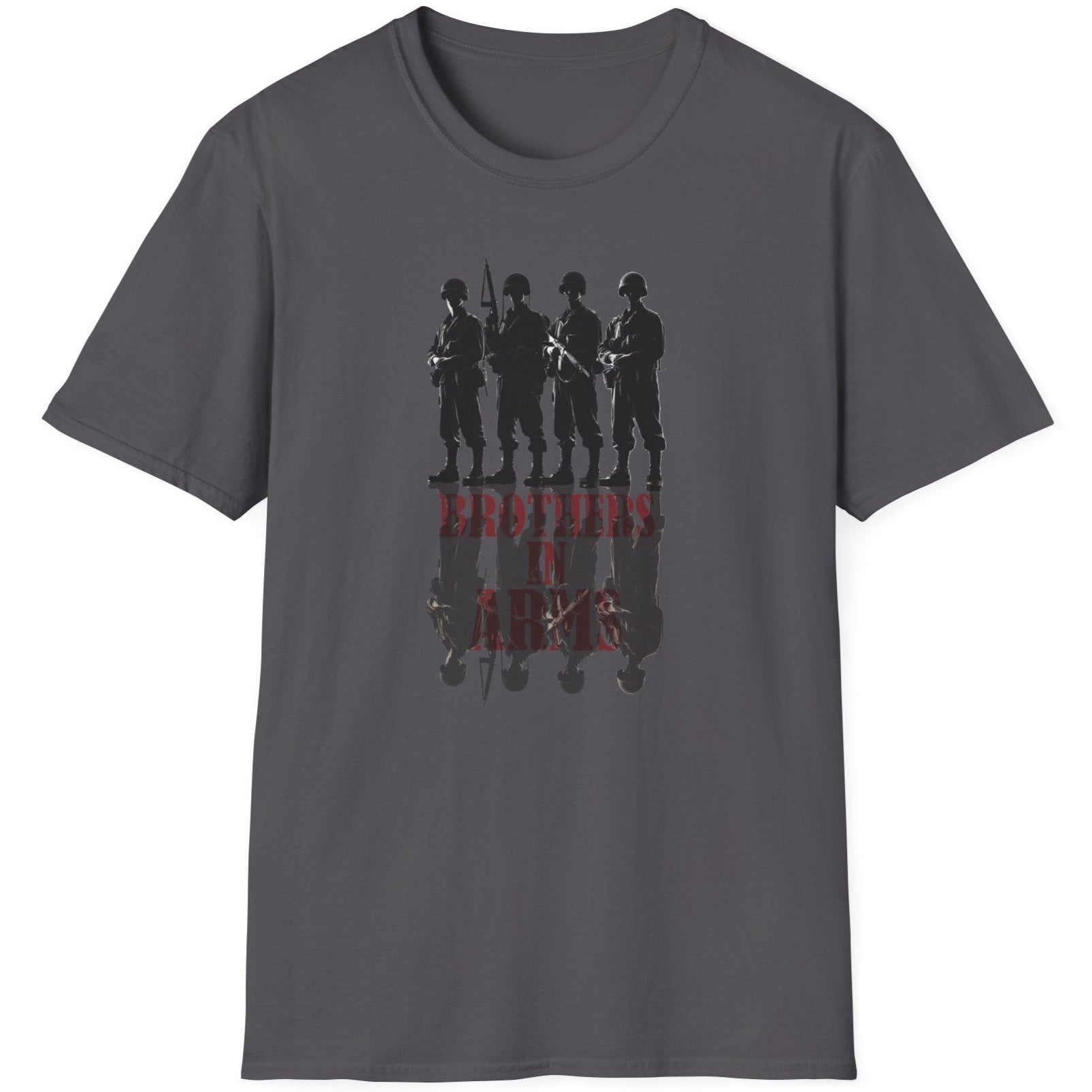 Charcoal T-Shirt with the text "Brothers in Arms". Image of 4 soldiers standing shoulder to shoulder and their shadow.