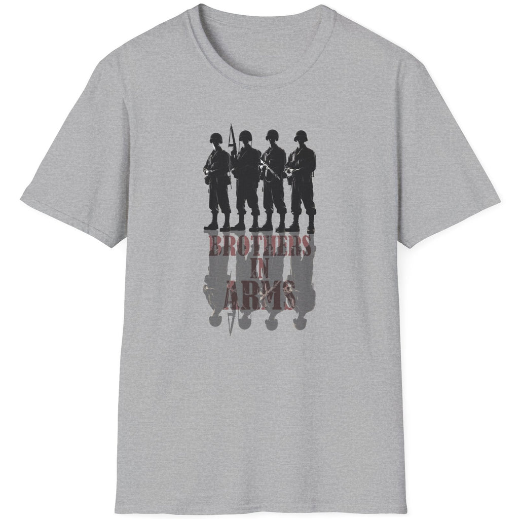 Grey T-Shirt with the text "Brothers in Arms". Image of 4 soldiers standing shoulder to shoulder and their shadow.