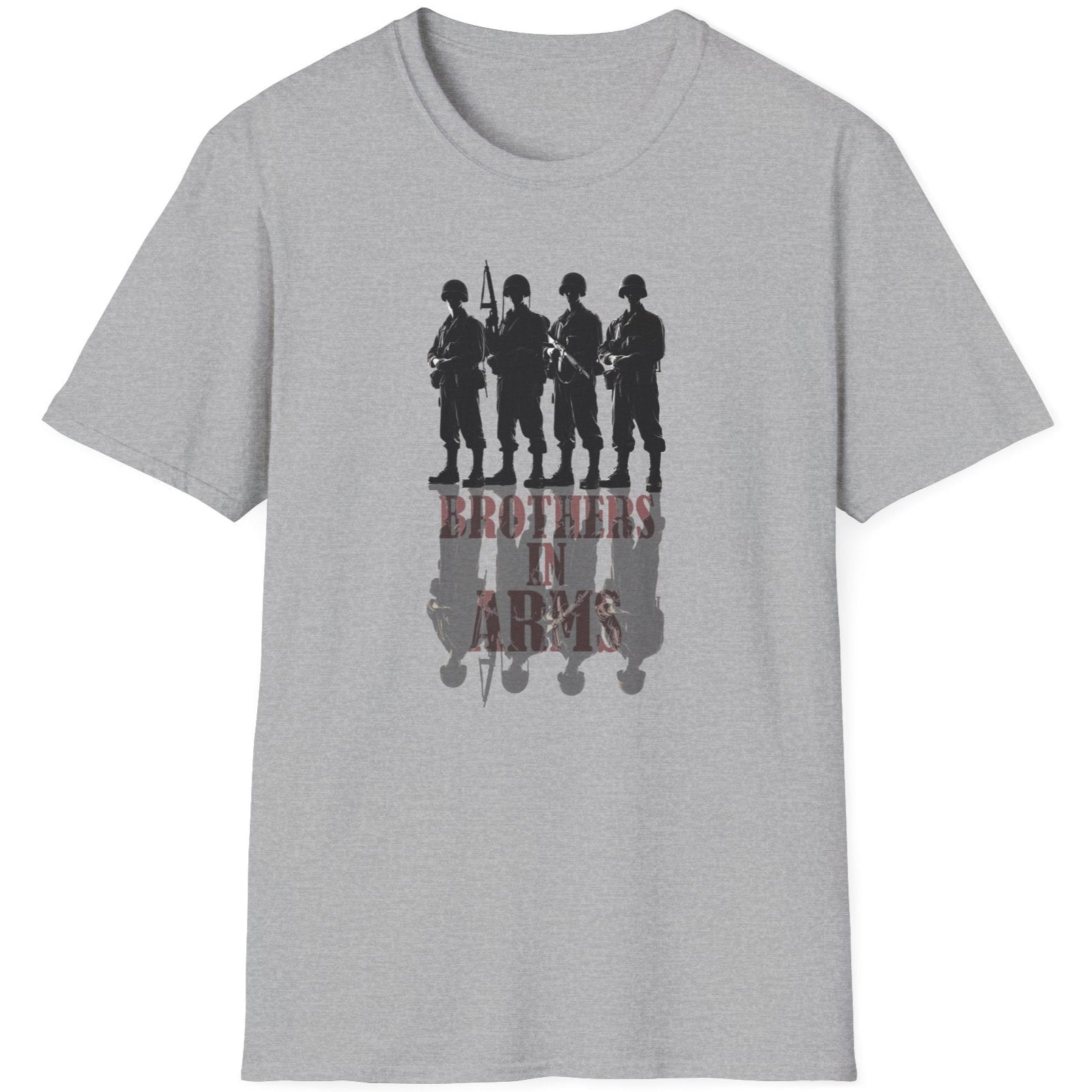 Grey T-Shirt with the text "Brothers in Arms". Image of 4 soldiers standing shoulder to shoulder and their shadow.