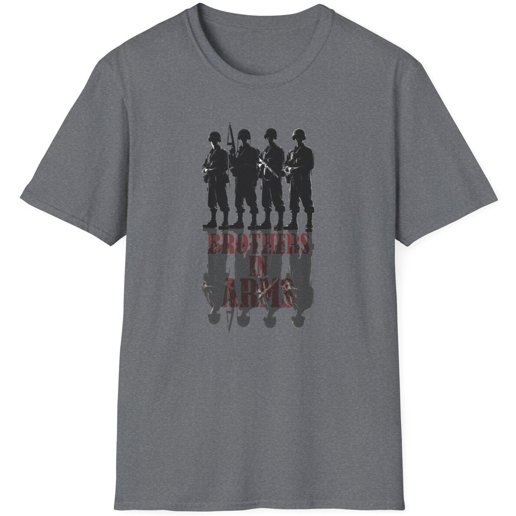 Heather Grey T-Shirt with the text "Brothers in Arms". Image of 4 soldiers standing shoulder to shoulder and their shadow.