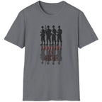 Heather Grey T-Shirt with the text "Brothers in Arms". Image of 4 soldiers standing shoulder to shoulder and their shadow.