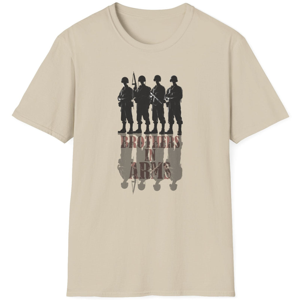 Sand T-Shirt with the text "Brothers in Arms". Image of 4 soldiers standing shoulder to shoulder and their shadow.