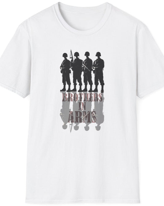 White T-Shirt with the text "Brothers in Arms". Image of 4 soldiers standing shoulder to shoulder and their shadow.   