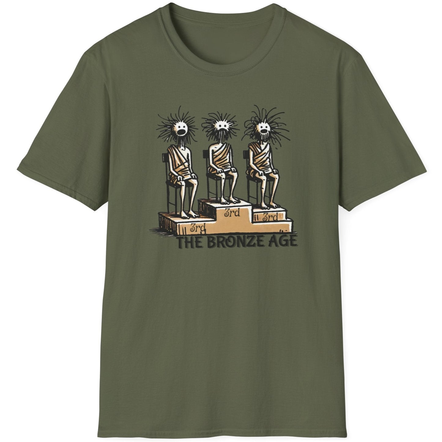 Green T-Shirt with three boys sitting on a podium all getting 3rd prize.