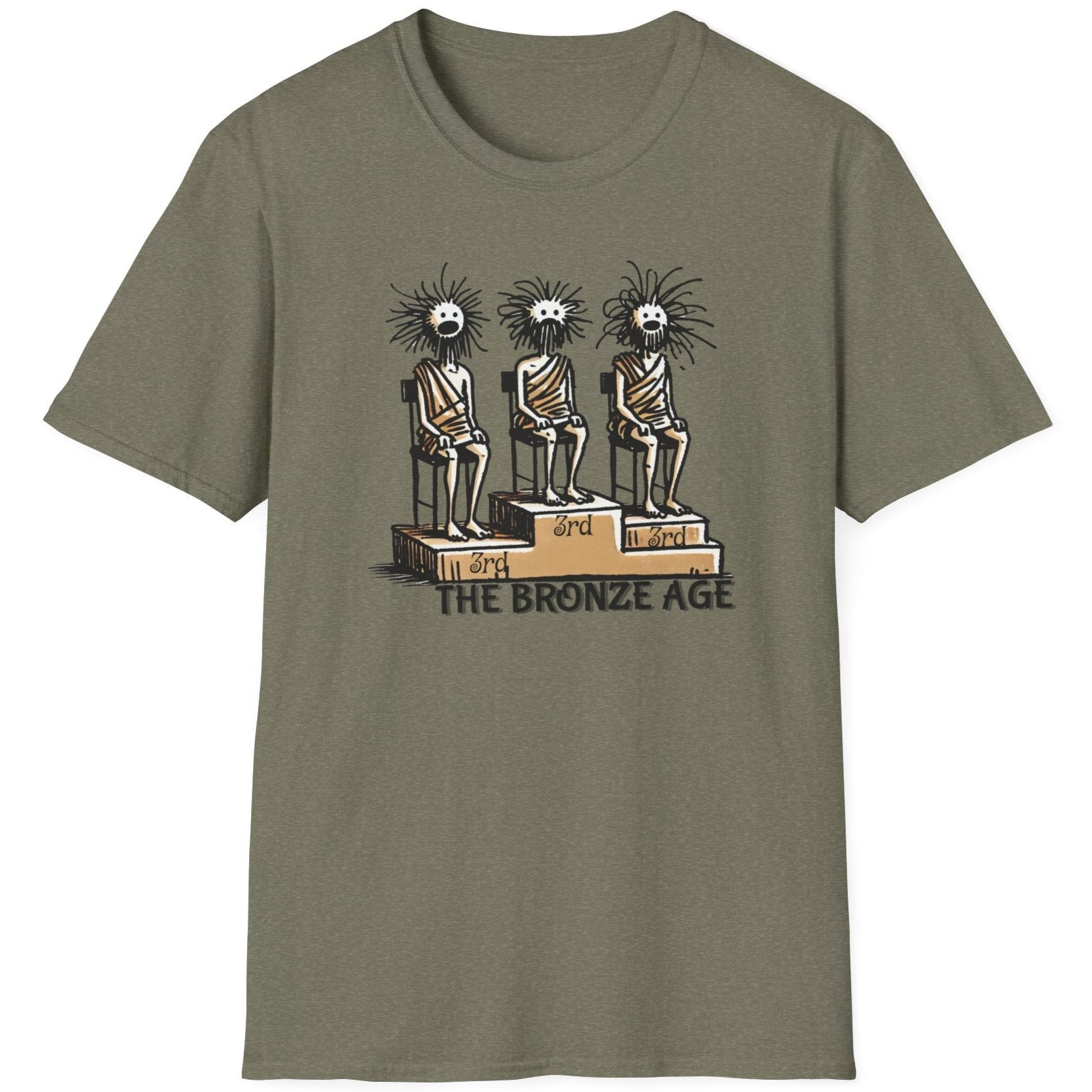 Heather green T-Shirt with three boys sitting on a podium all getting 3rd prize.