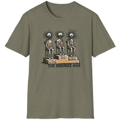 Heather green T-Shirt with three boys sitting on a podium all getting 3rd prize.