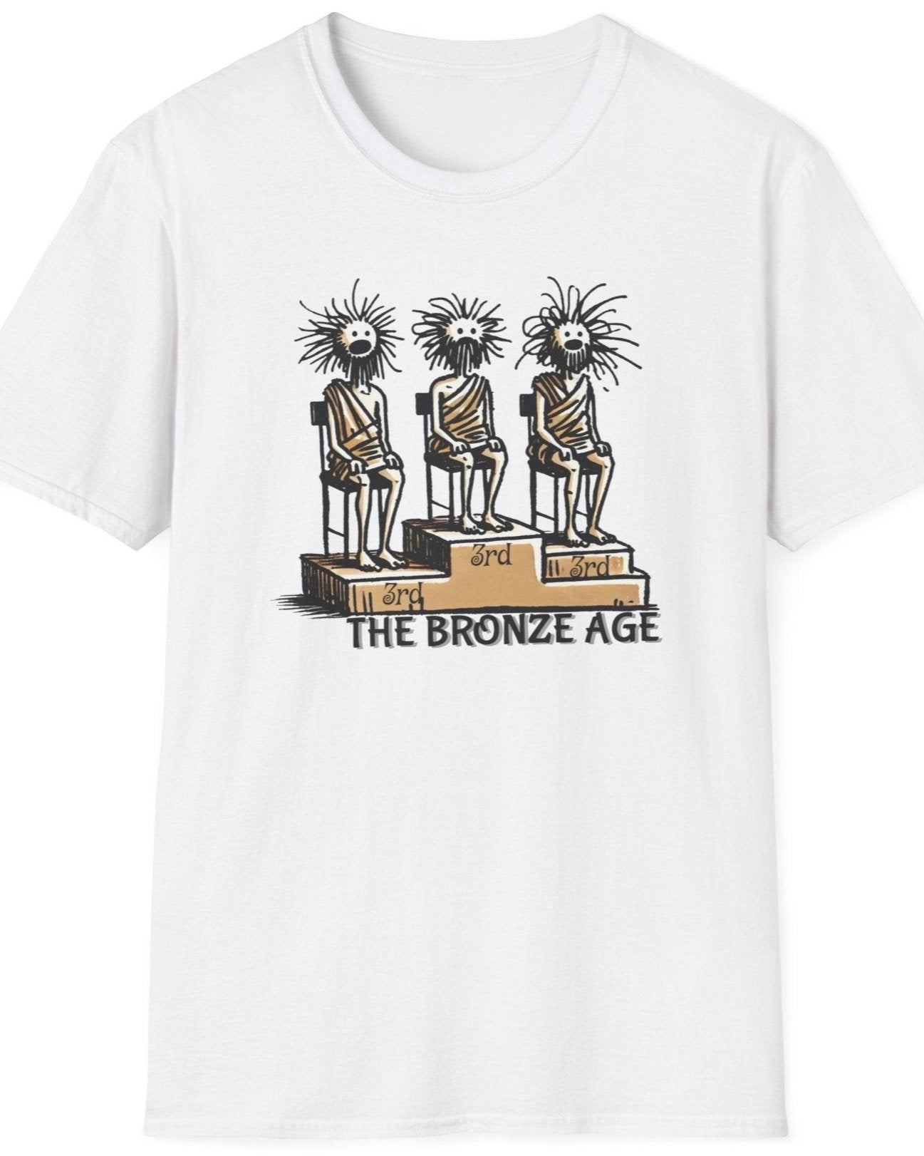 White T-Shirt with three boys sitting on a podium all getting 3rd prize.