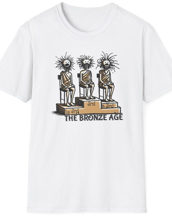 White T-Shirt with three boys sitting on a podium all getting 3rd prize.
