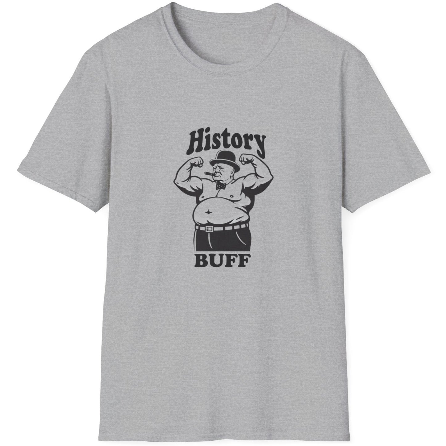 Grey T-Shirt with an image of Winston Churchill looking buff and the text "History Buff"