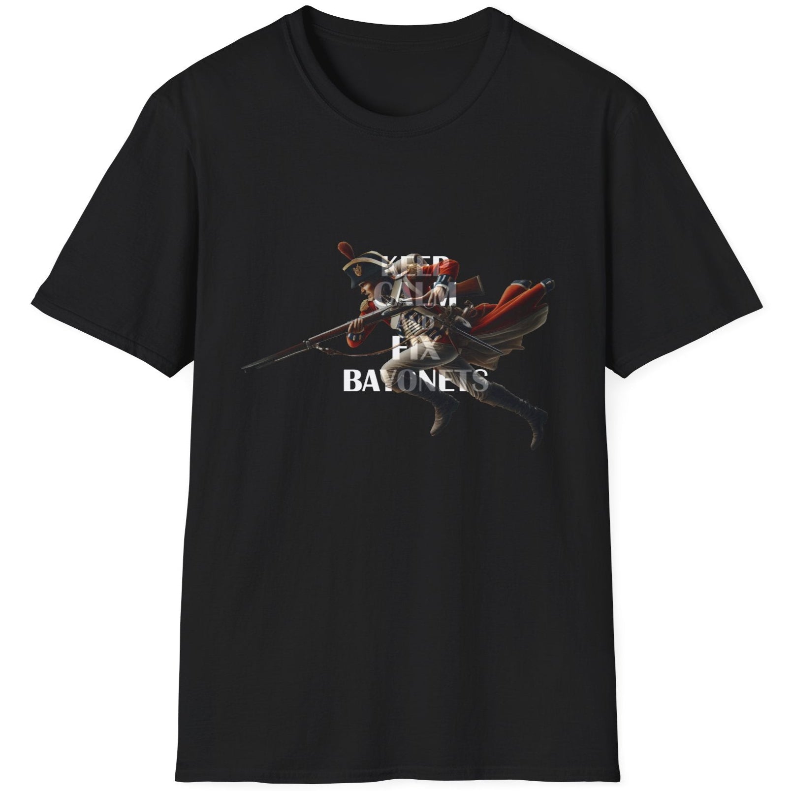 Black T-Shirt with the text "Keep Calm And Fix Bayonets" on top of a image of a old school soldier.