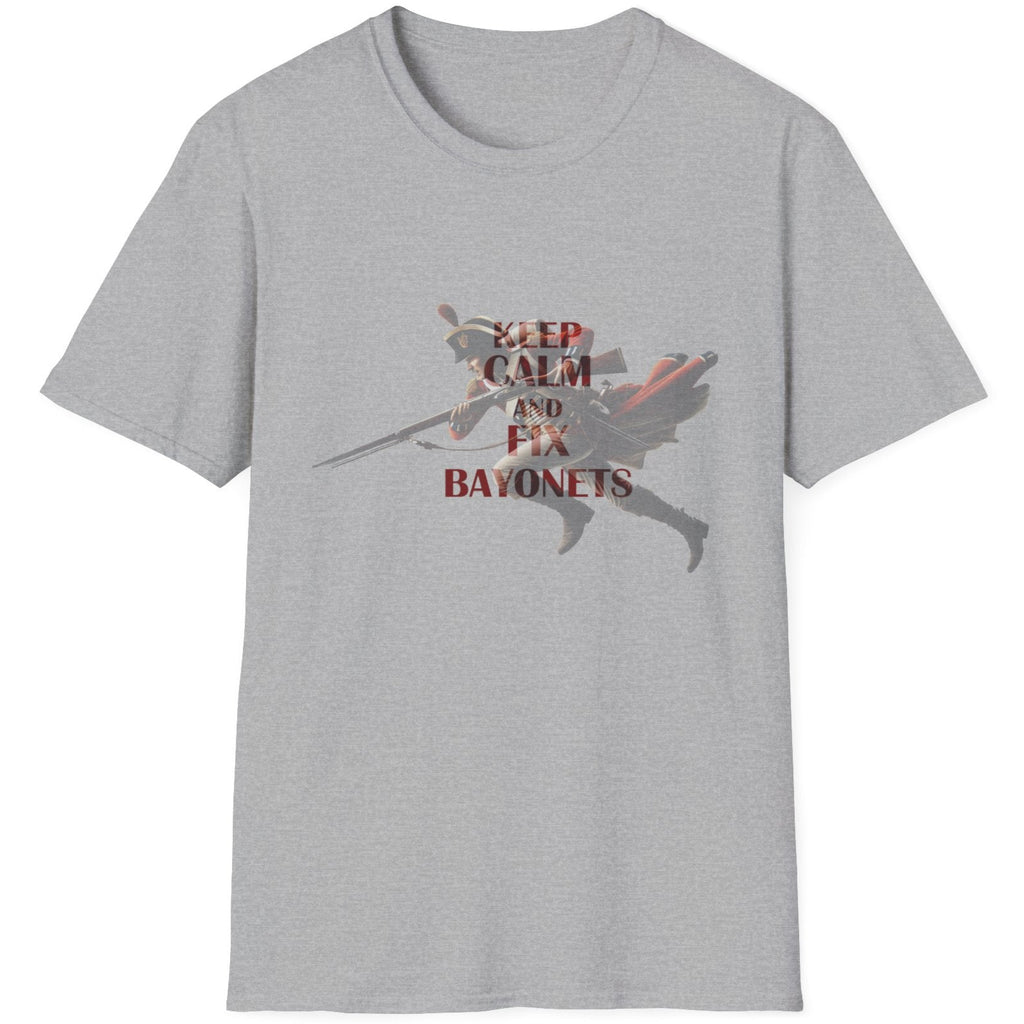 Grey T-Shirt with the text "Keep Calm And Fix Bayonets" on top of a image of a old school soldier.