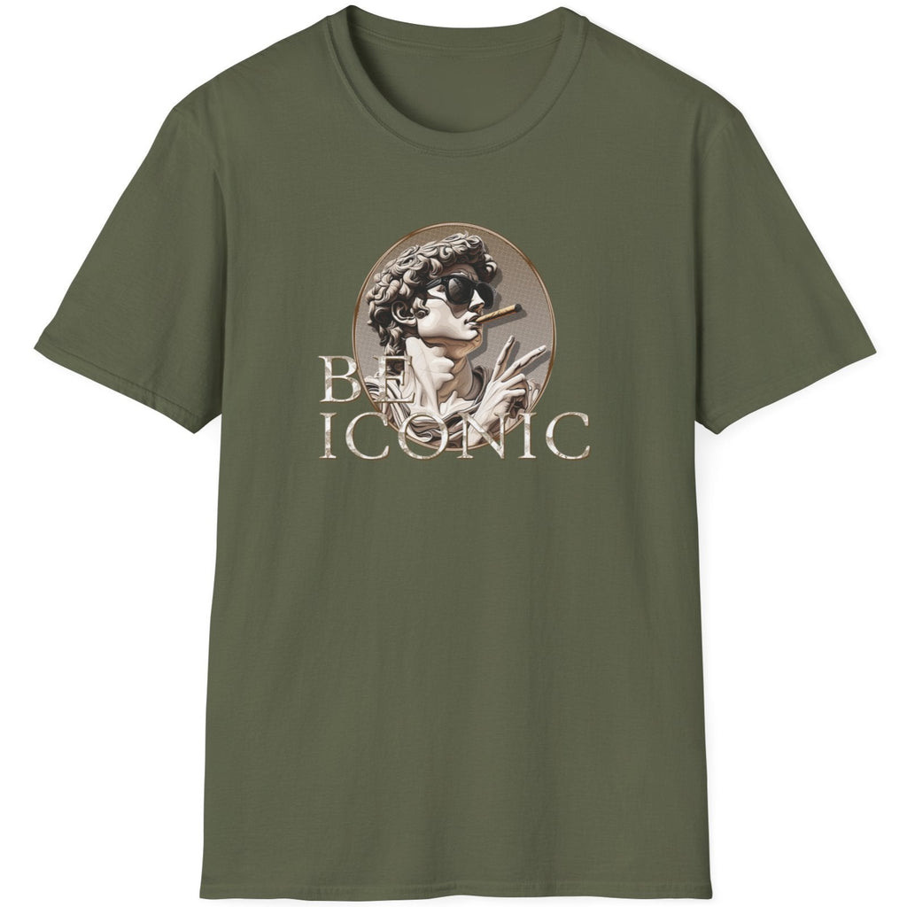 Green T-Shirt with the image of the david statue and the text "Be Iconic"