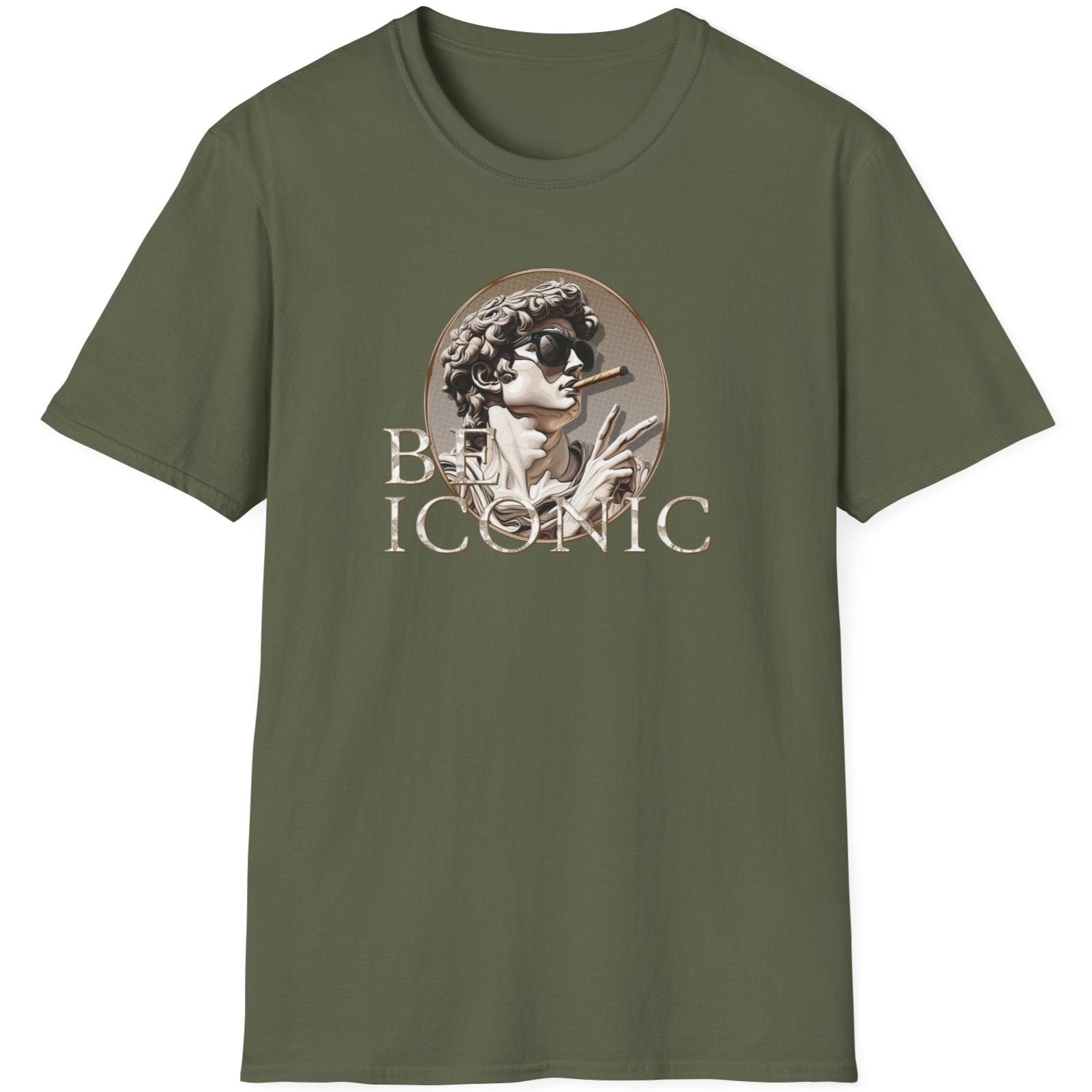 Green T-Shirt with the image of the david statue and the text "Be Iconic"