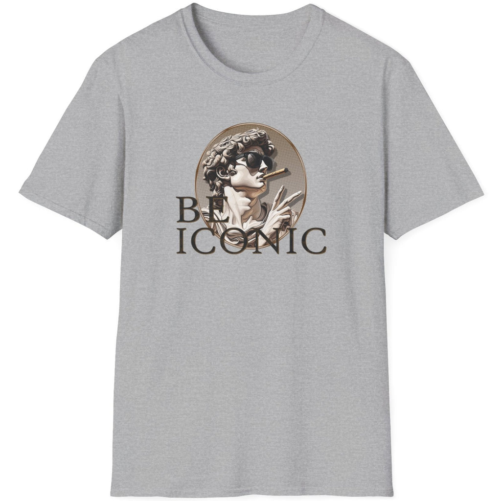 Grey T-Shirt with the image of the david statue and the text "Be Iconic"