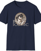 Navy T-Shirt with the image of the david statue and the text "Be Iconic"