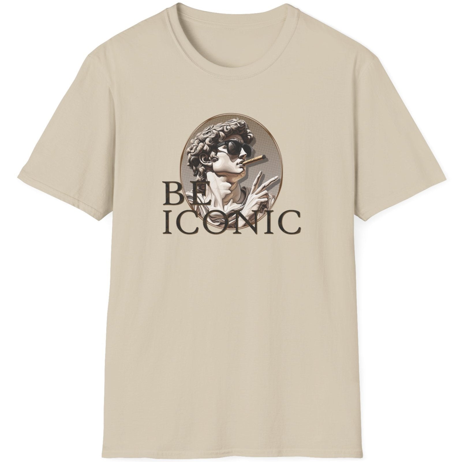 Sand T-Shirt with the image of the david statue and the text "Be Iconic"