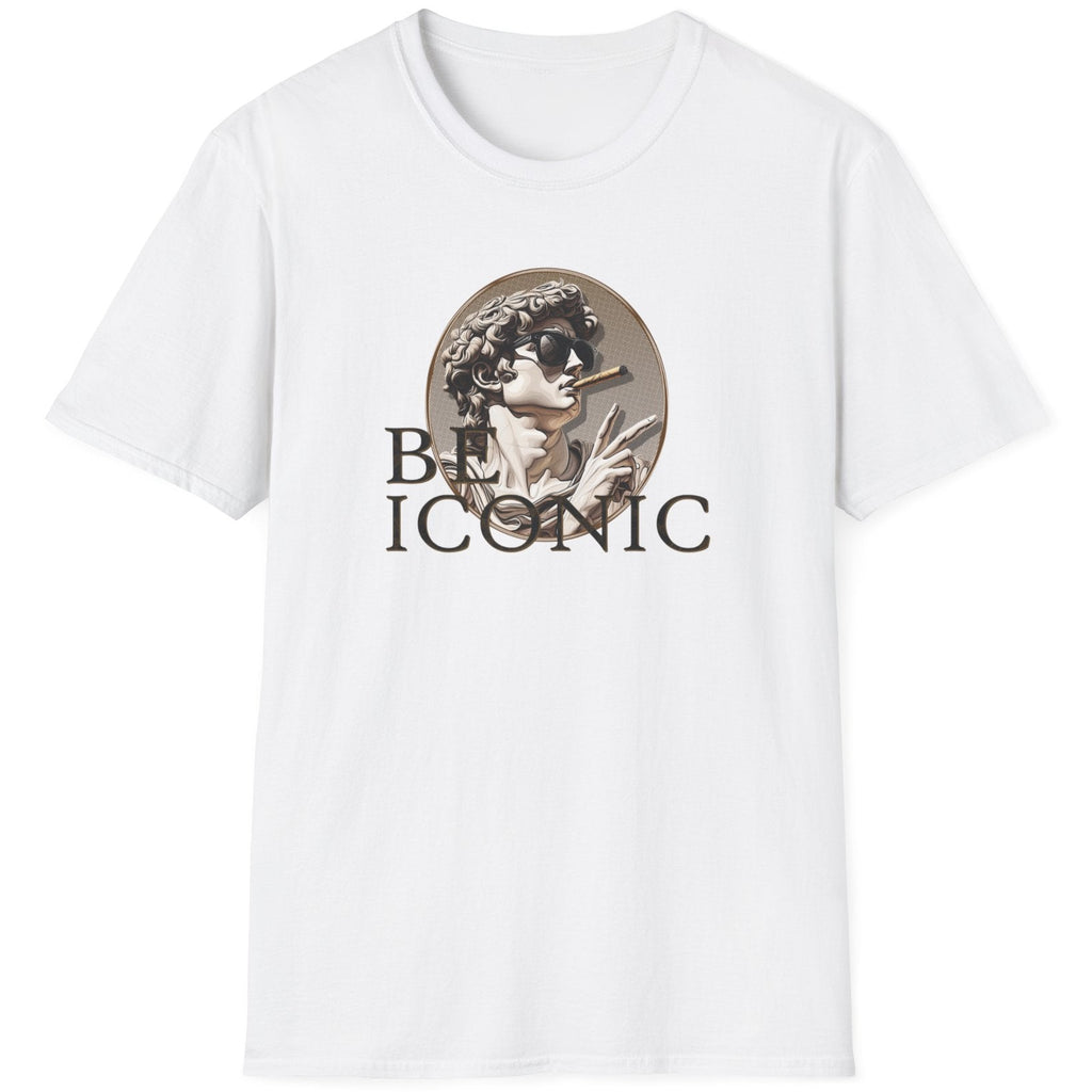 White T-Shirt with the image of the david statue and the text "Be Iconic"