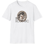 White T-Shirt with the image of the david statue and the text "Be Iconic"