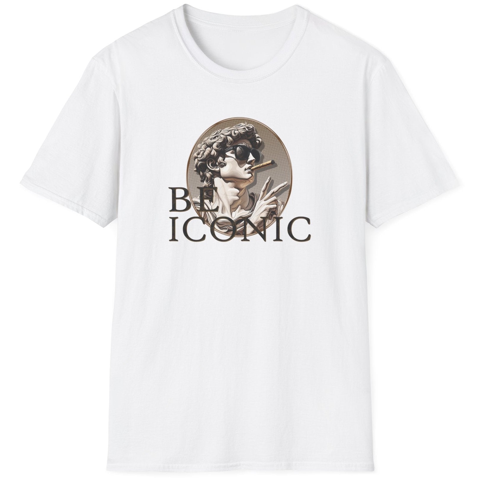 White T-Shirt with the image of the david statue and the text "Be Iconic"