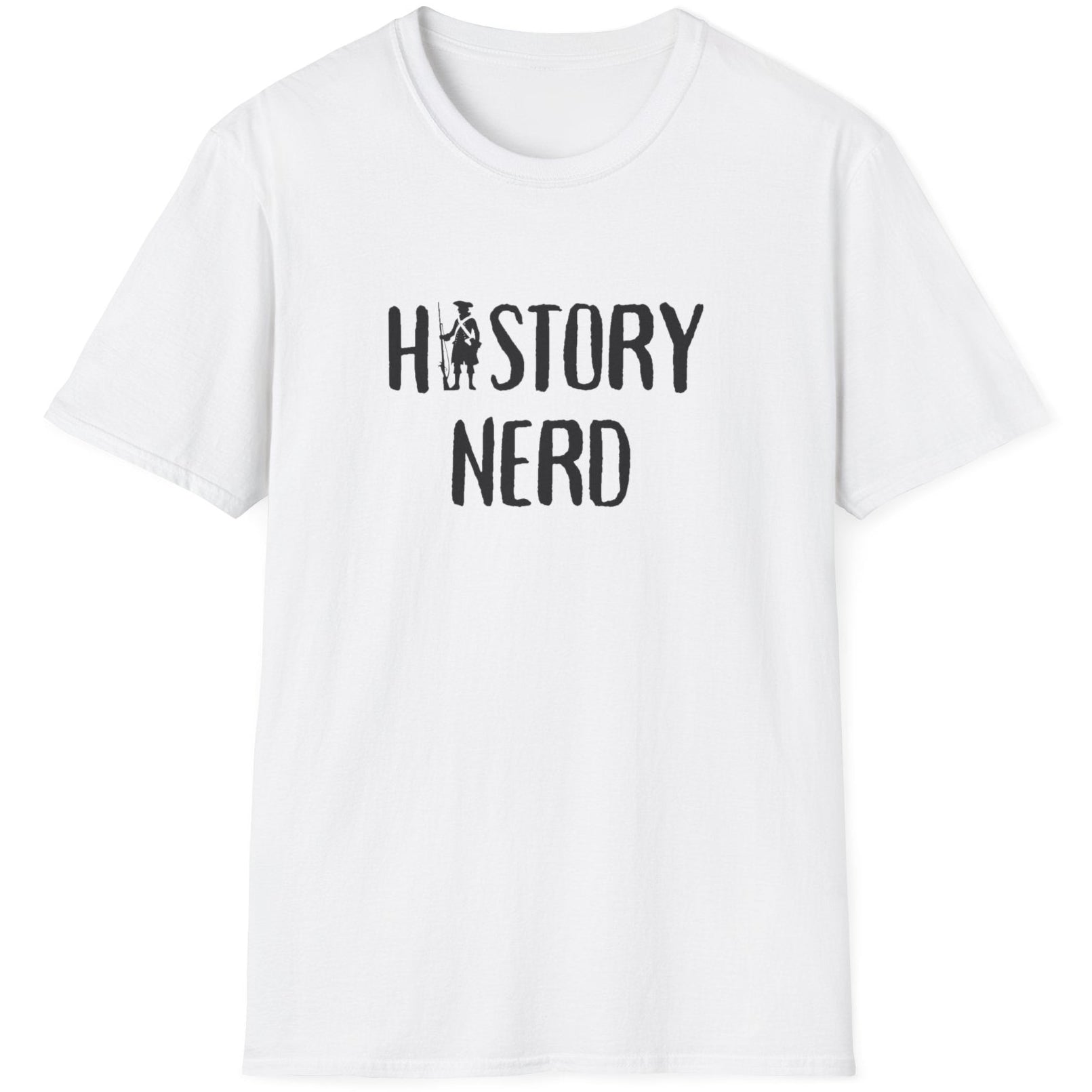 White T-Shirt with the text "History Nerd" where the i in History is replaced with a old school soldier holding a rifle. 