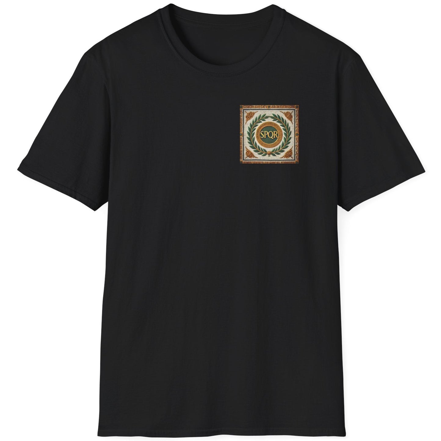 Black T-Shirt with a pocket print that reads SPQR. The background of the print is classic roman tiles and a green branch.