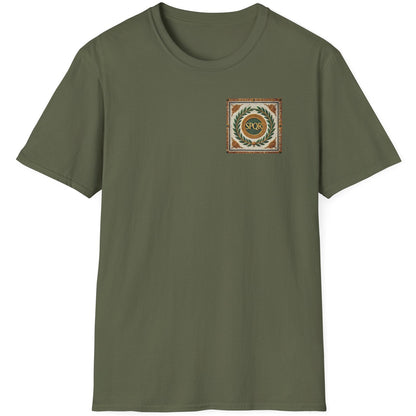 Green T-Shirt with a pocket print that reads SPQR. The background of the print is classic roman tiles and a green branch.