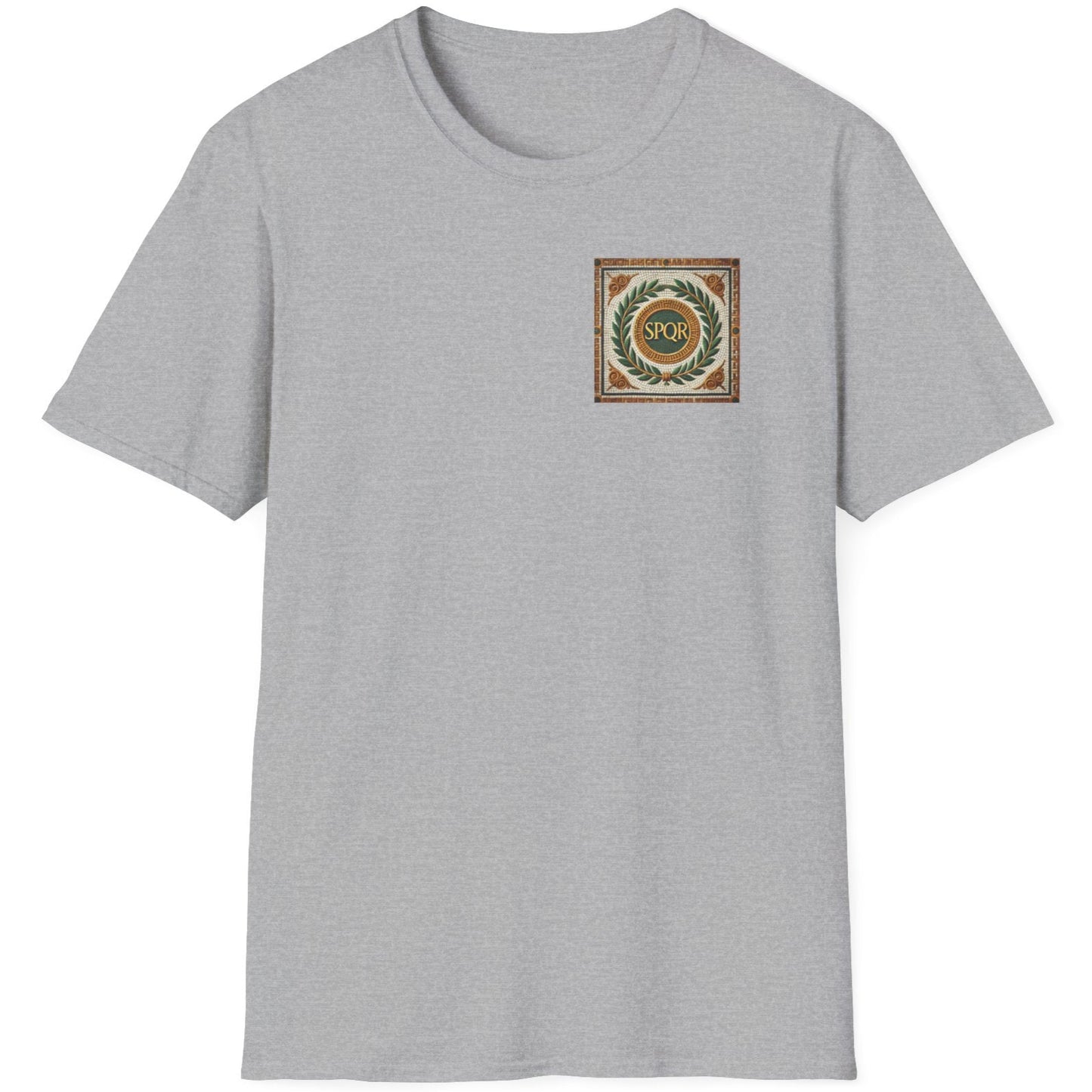 Grey T-Shirt with a pocket print that reads SPQR. The background of the print is classic roman tiles and a green branch.