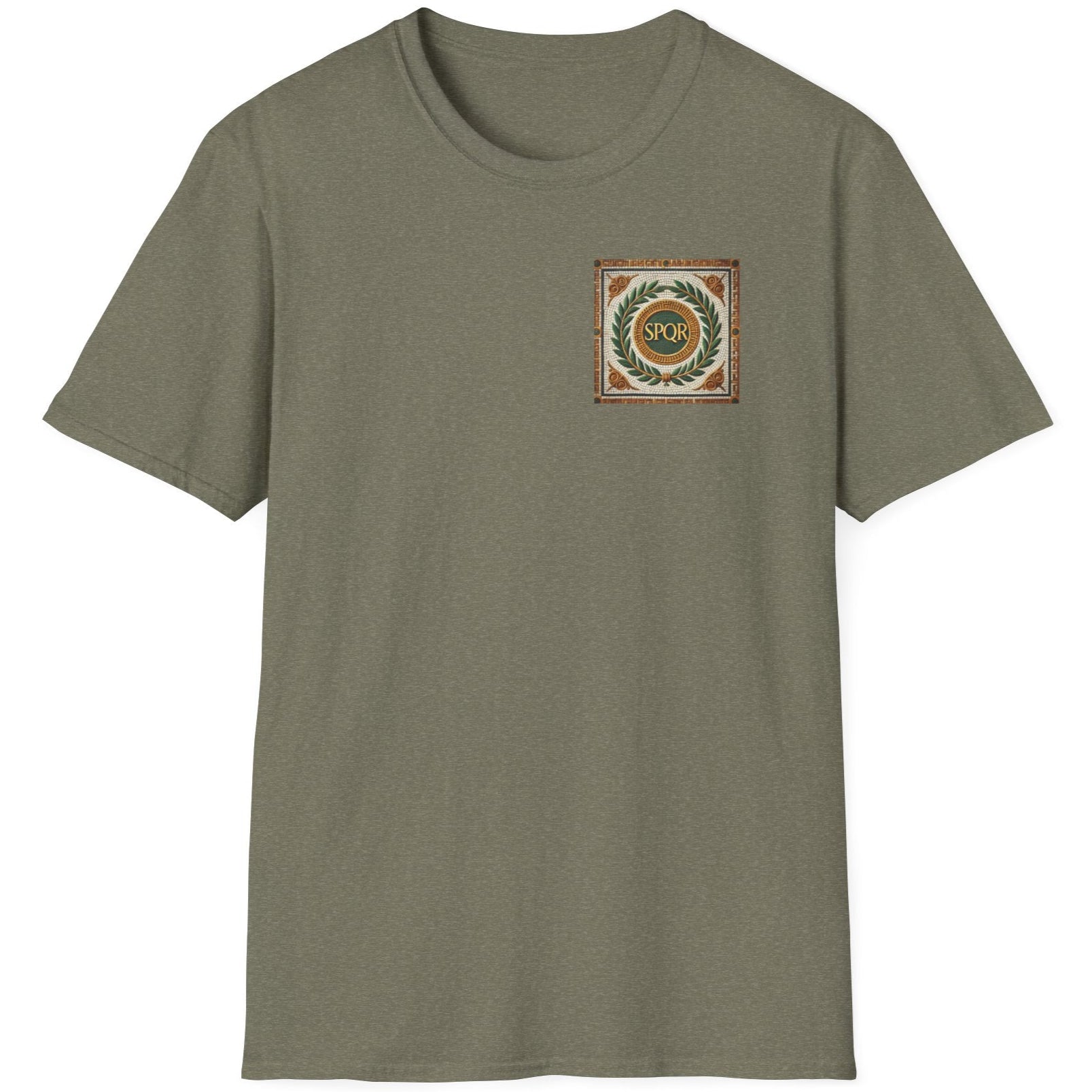 Heather Green T-Shirt with a pocket print that reads SPQR. The background of the print is classic roman tiles and a green branch.