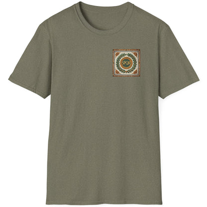 Heather Green T-Shirt with a pocket print that reads SPQR. The background of the print is classic roman tiles and a green branch.