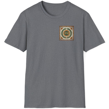 Heather Grey T-Shirt with a pocket print that reads SPQR. The background of the print is classic roman tiles and a green branch.