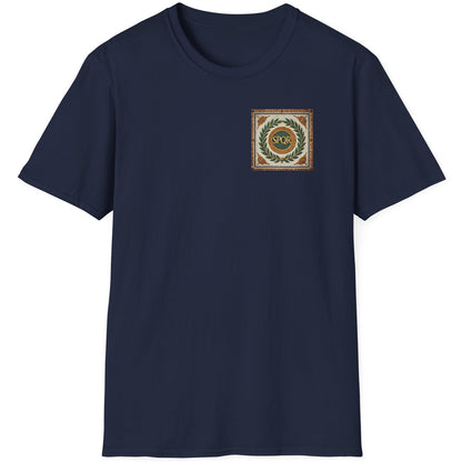 Navy T-Shirt with a pocket print that reads SPQR. The background of the print is classic roman tiles and a green branch.