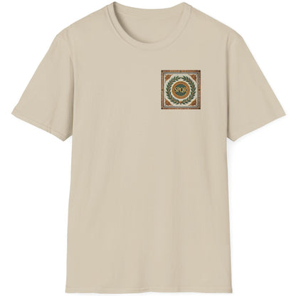 Sand T-Shirt with a pocket print that reads SPQR. The background of the print is classic roman tiles and a green branch.