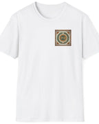 White T-Shirt with a pocket print that reads SPQR. The background of the print is classic roman tiles and a green branch.