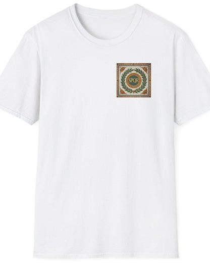 White T-Shirt with a pocket print that reads SPQR. The background of the print is classic roman tiles and a green branch.