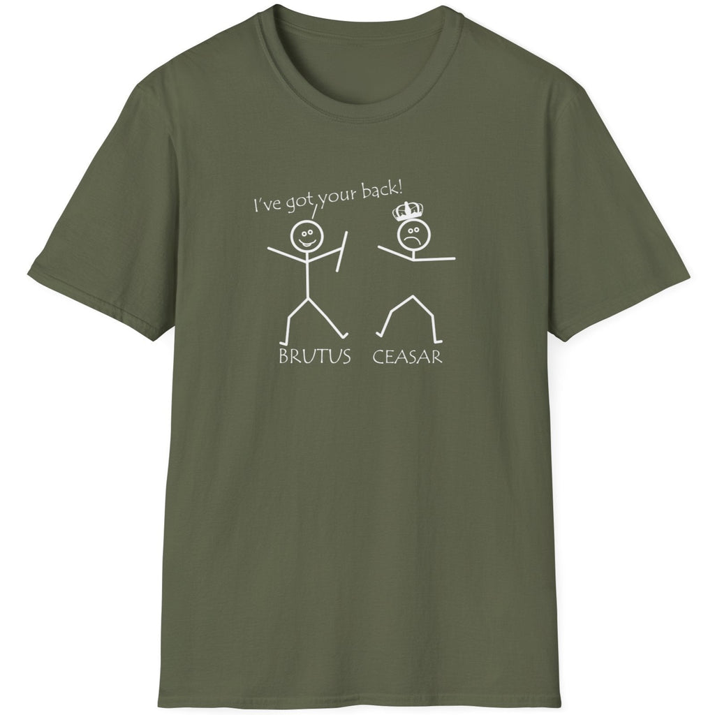 Green T-Shirt with two stick figures and teh text "Ive got your back".