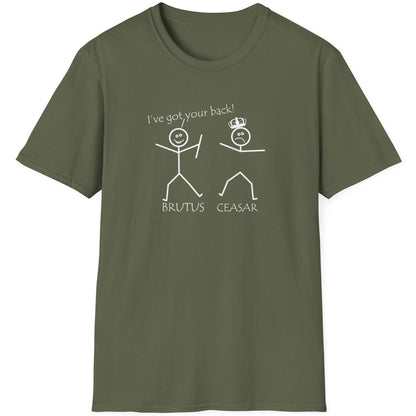 Green T-Shirt with two stick figures and teh text "Ive got your back".