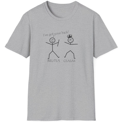 Grey T-Shirt with two stick figures and teh text "Ive got your back".
