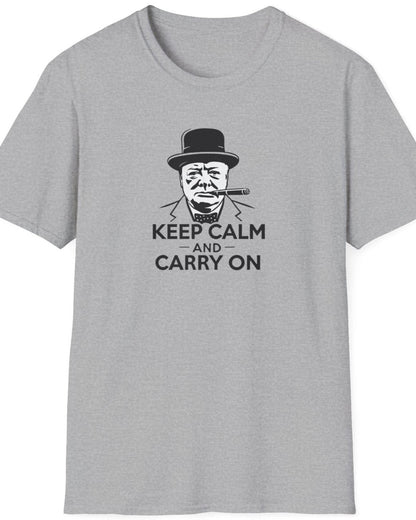 Grey T-Shirt with an image of Winston Churchill and the text "Keep Calm and Carry On"