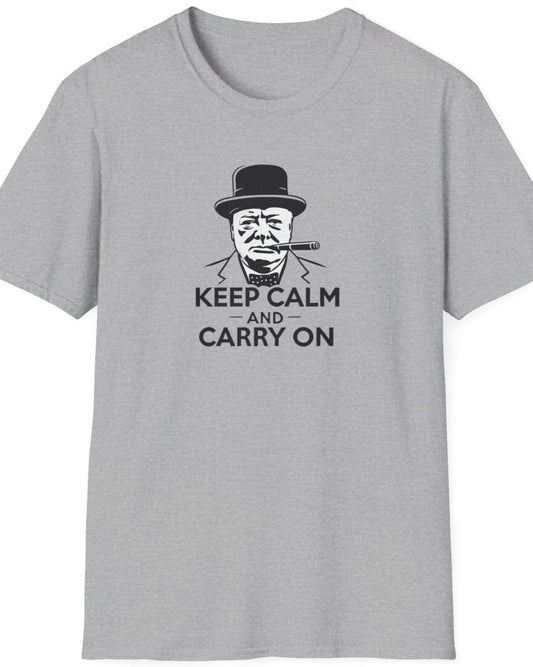 Grey T-Shirt with an image of Winston Churchill and the text "Keep Calm and Carry On"