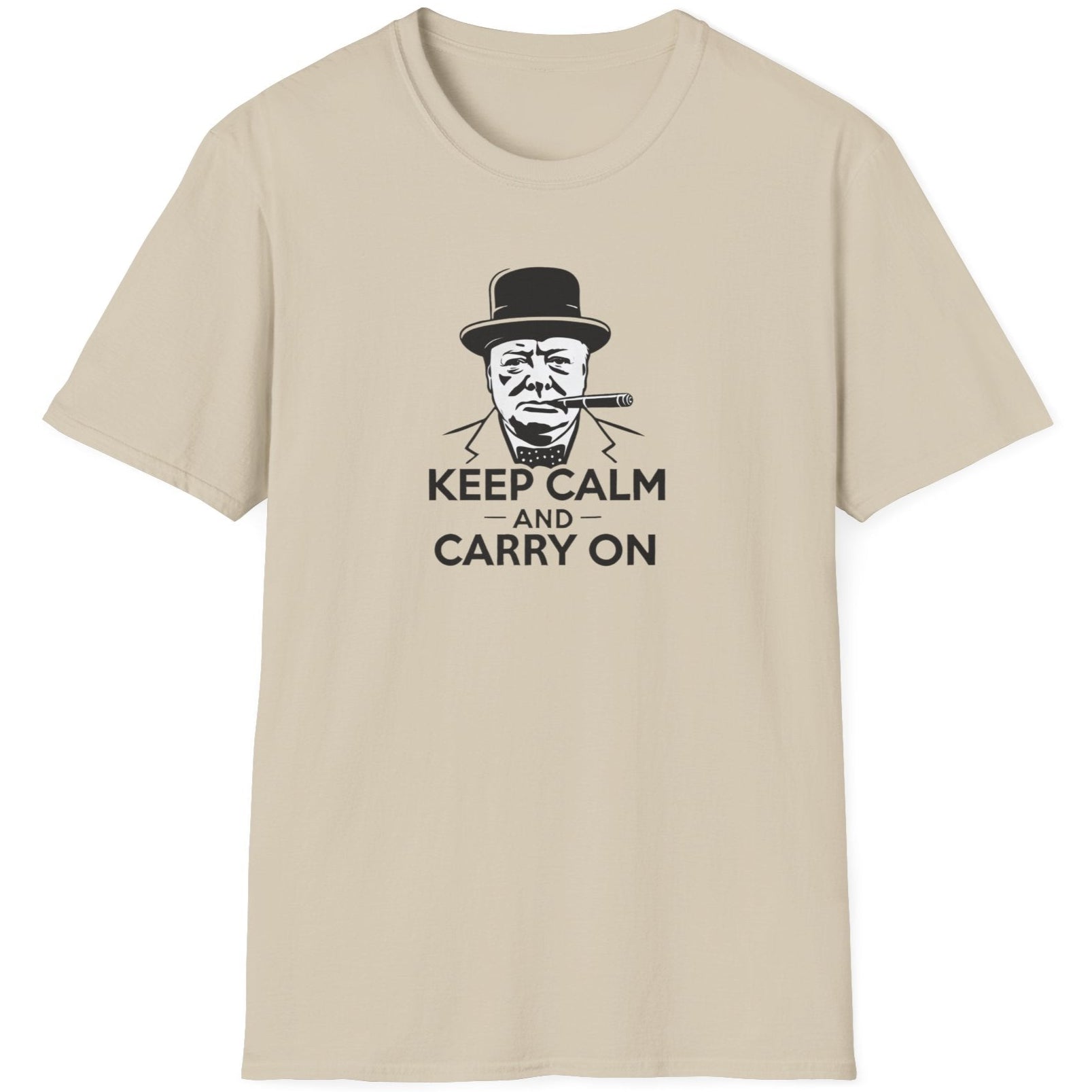 Sand T-Shirt with an image of Winston Churchill and the text "Keep Calm and Carry On"