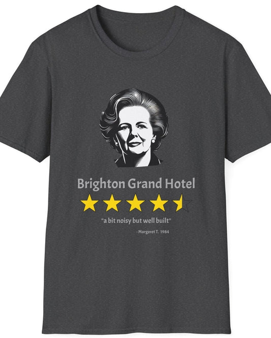 Heather Grey T-Shirt with an image of Margaret Thatcher and a review of a Hotel. 