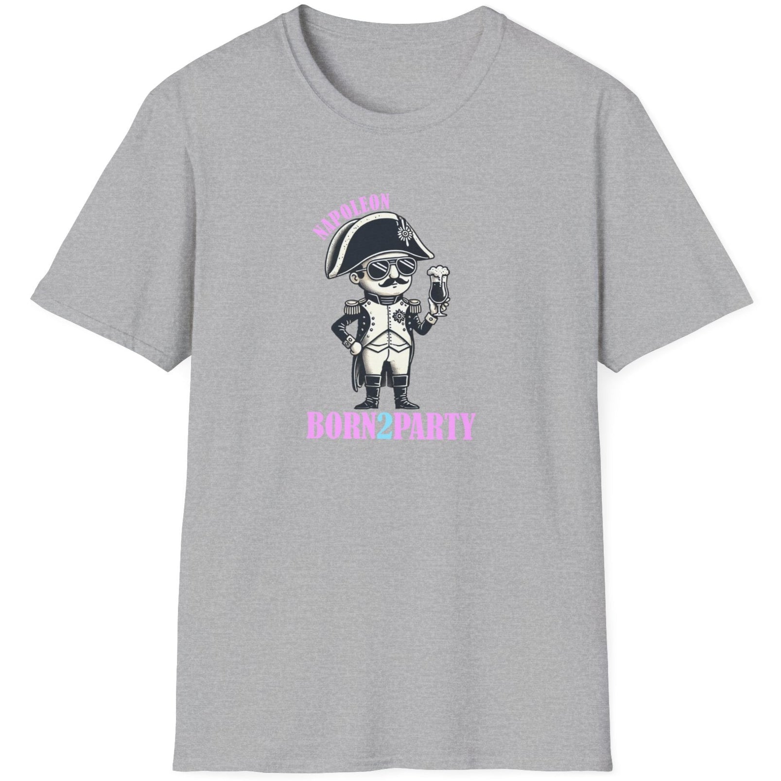 Grey T-Shirt depicturing Napoleon on a party holding a beer. The text is Napoleon, BORN2PARTY