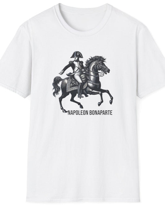 White T-Shirt with an image of Napoleon on a horse and his name "Napoleon Bonaparte"