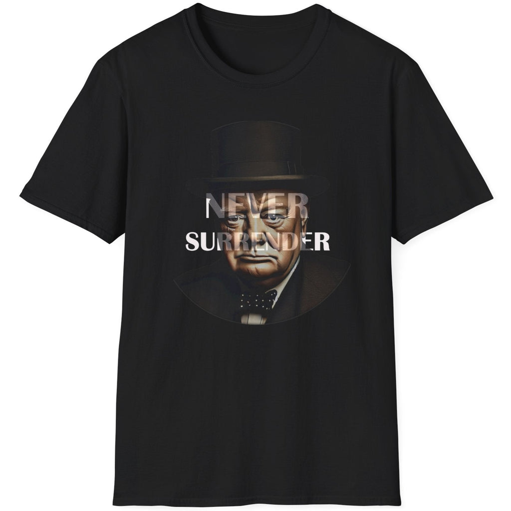 Black T-Shirt with the face of Winston Churchill and the text "Never Surrender".