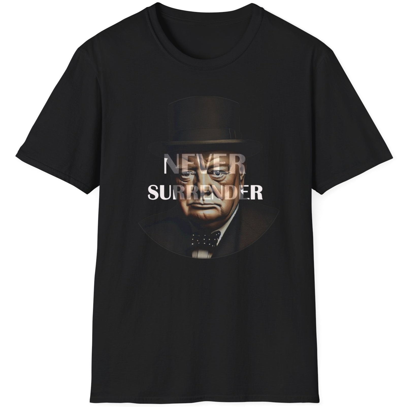 Black T-Shirt with the face of Winston Churchill and the text "Never Surrender".